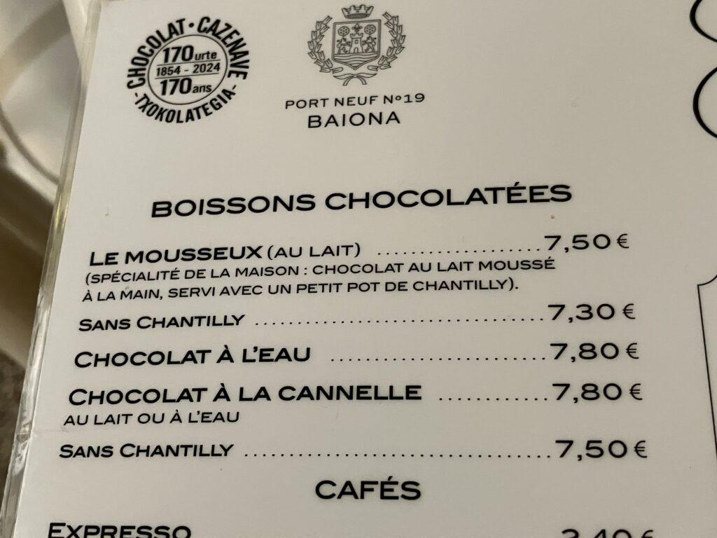 Chocolat au à choisir au Castellane à Bayonne.rsi Menu  du 